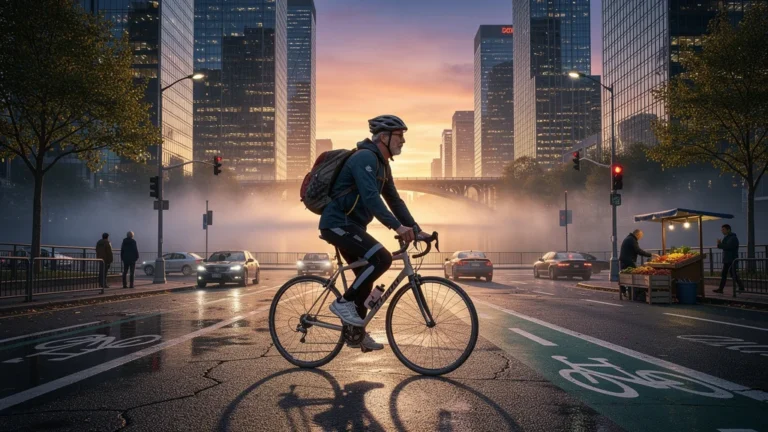 Cycliste traversant la ville à vélo au lever du jour, symbolisant des années de trajets quotidiens