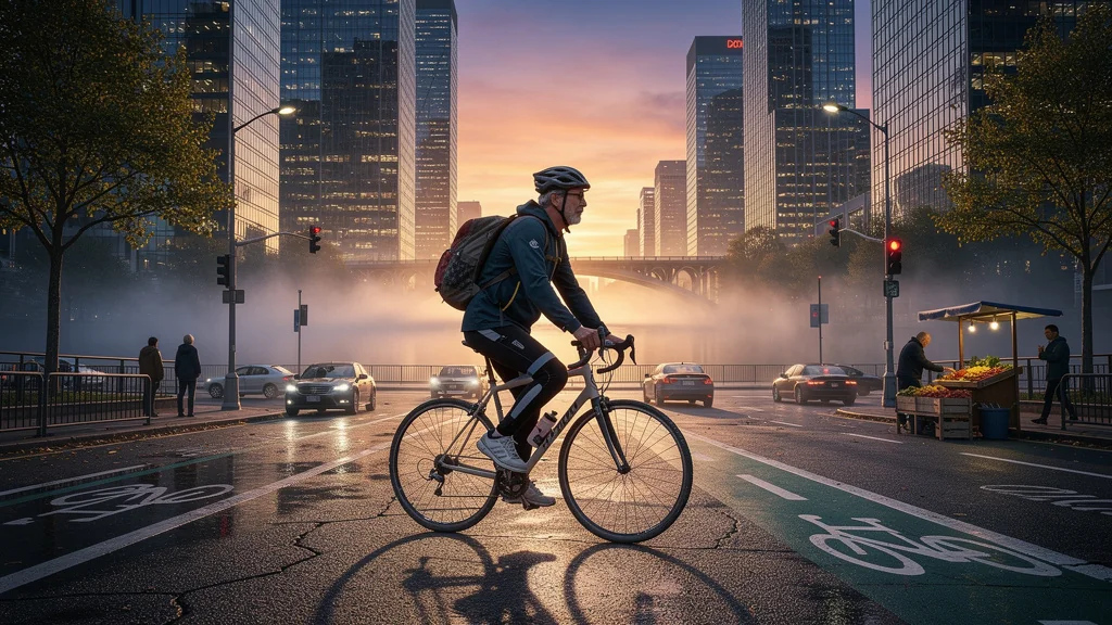 Cycliste traversant la ville à vélo au lever du jour, symbolisant des années de trajets quotidiens