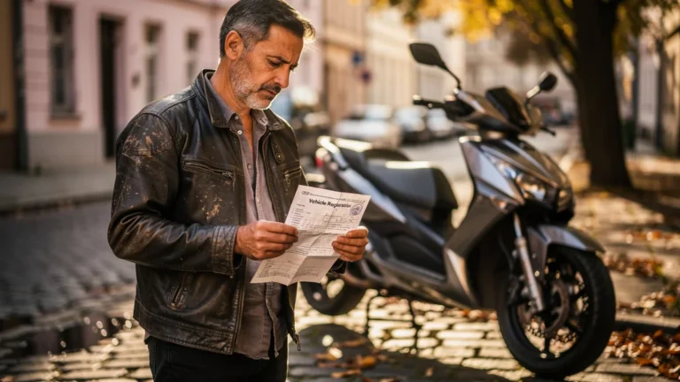 Homme de 42 ans inspectant une carte grise devant un scooter, illustrant un achat sans vérification coûteux