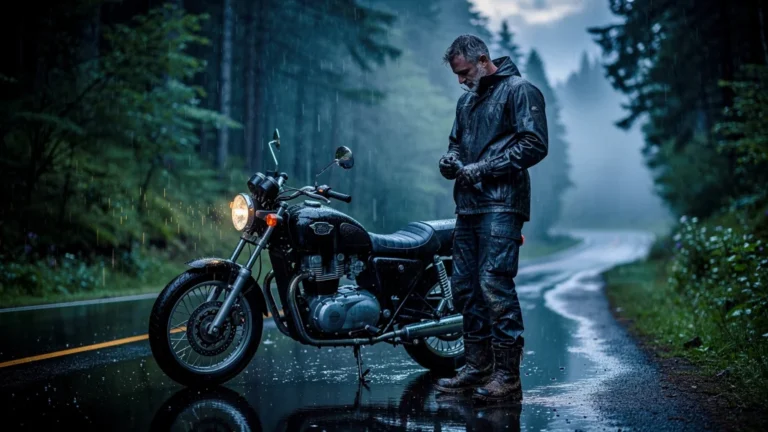 Homme de 42 ans en tenue moto mouillée inspecte son équipement lors d’un long trajet sous la pluie