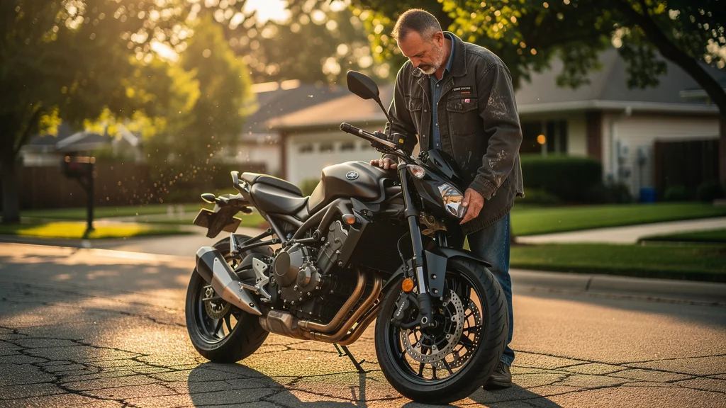 Homme de 42 ans inspectant sa moto sous lumière dorée, assurance moto valable au tiers étendu en sinistre