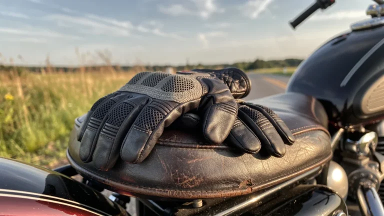 Gants moto mi-saison à 40 euros usés après trois mois sur la route, détails et texture réalistes