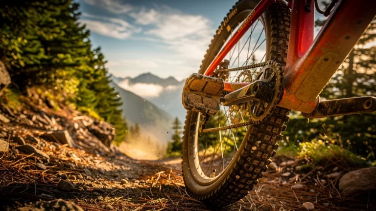 Plaquettes de frein VTT organiques testées sur un sentier de descente en été, hyper-réaliste