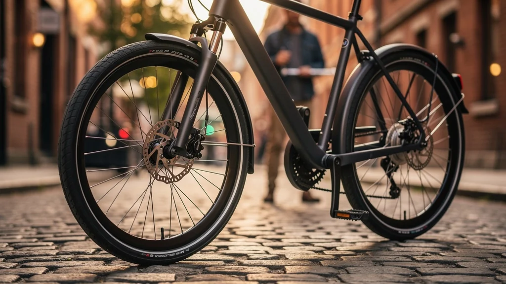 Comparaison réaliste freins à disque hydrauliques et mécaniques sur vélo de ville en gros plan
