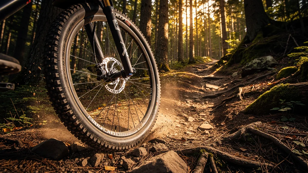 Pneu tubeless VTT sur sentier montagneux, montrant adhérence et performance en conditions réelles