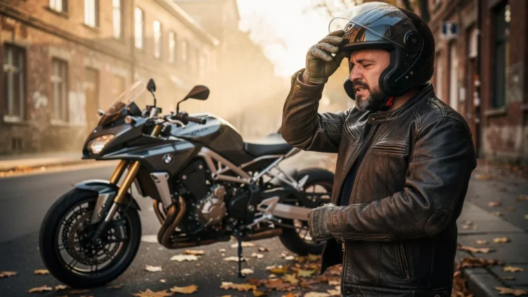 Homme de 42 ans portant un casque moto mal ajusté, souffrant de migraines à chaque sortie