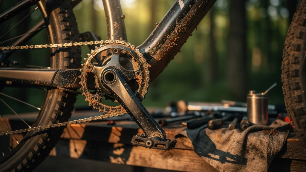 Dérailleur tordu et chaîne VTT détendue après négligence de la tension, panne mécanique visible