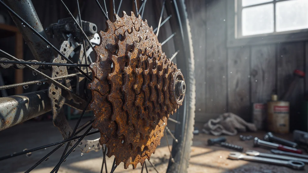 Cassette de vélo rouillée après un hiver humide, dégâts de rouille visibles sur la transmission