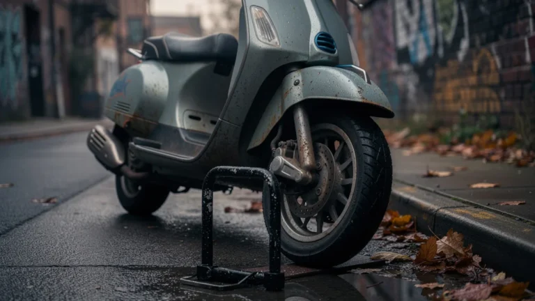 Scooter garé dehors avec antivol U usé après six mois de test en conditions réelles